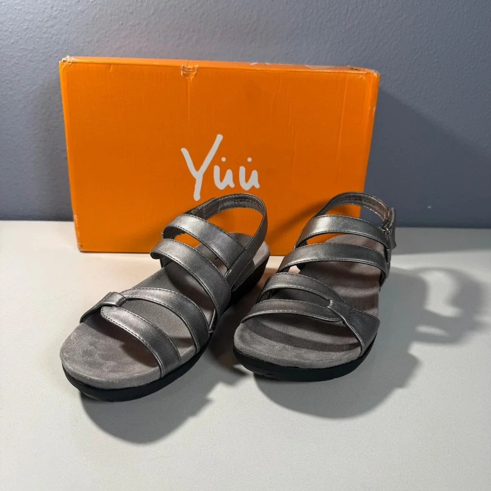 Yuu Janne‎ Women Metallic Pewter Wedge Sandals Strappy Slingback 6M BTS16-10422